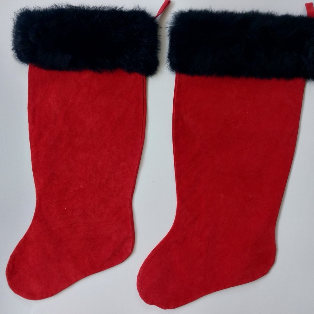 Vintage Department Dept 56 Red Christmas Stockings Suede Rabbit Fur Trim 21"